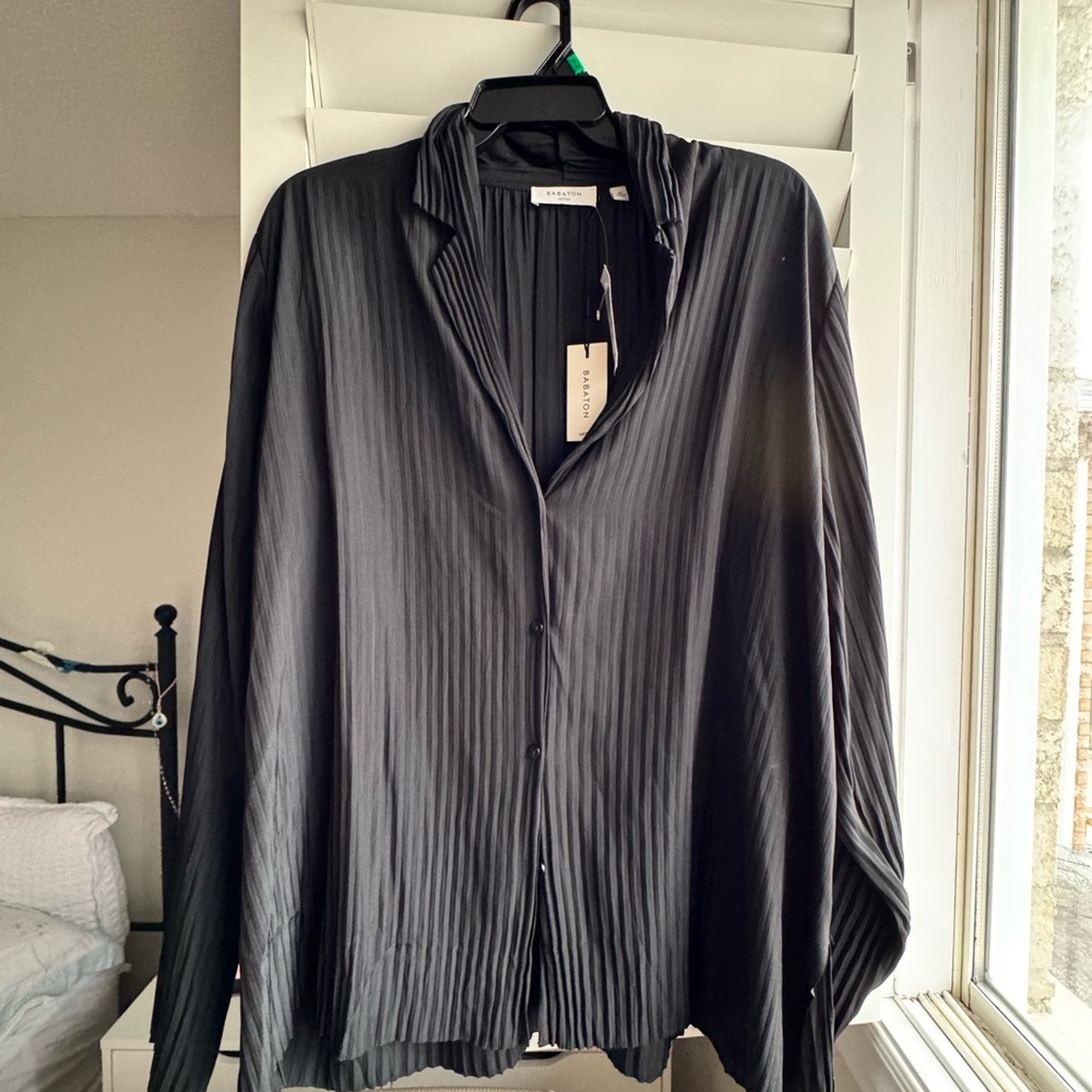 Babaton Black Vertical Pleated Button-Down Shirt